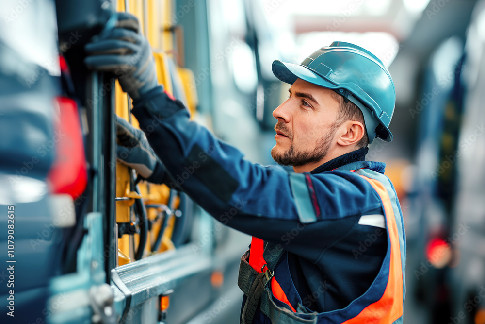 European industrial worker wearing a hard hat and safety vest, operating machinery. Concept expertise in heavy industry, professionalism European industrial worker wearing a hard hat and safety vest, operating machinery. Concept expertise in heavy industry, professionalism