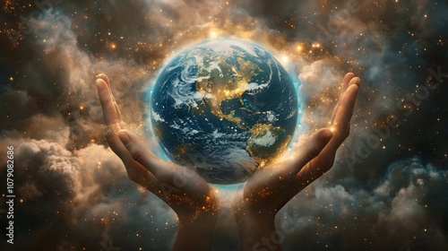 Earth Sanctuary Surrounded by Protective Cosmic Hands Emphasizing the Importance of Safeguarding Our Planet photo