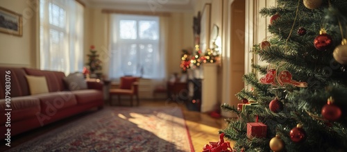 Blurred perspective of a cozy room adorned with a Christmas tree and colorful festive decorations