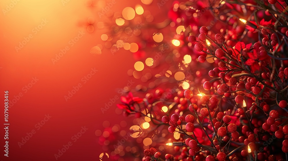 Red Berries and Lights on a Branch Against a Blurred Red Background Red Berries and Lights on a Branch Against a Blurred Red Background
