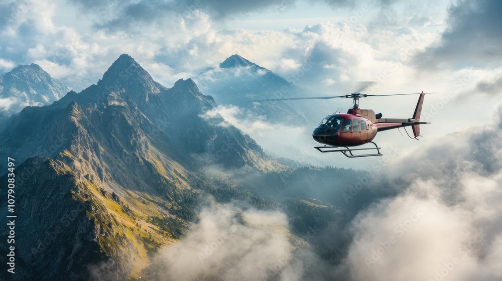 A red helicopter flying above a mountain range with a cloudy sky in the background. A red helicopter flying above a mountain range with a cloudy sky in the background.