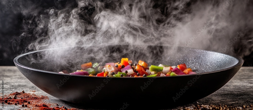 Steaming wok filled with colorful vegetables. Steaming wok filled with colorful vegetables.