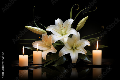 A close up of a elegant white lily petal on softly glowing candle background designed for memorial or sympathy cards, ample space for text