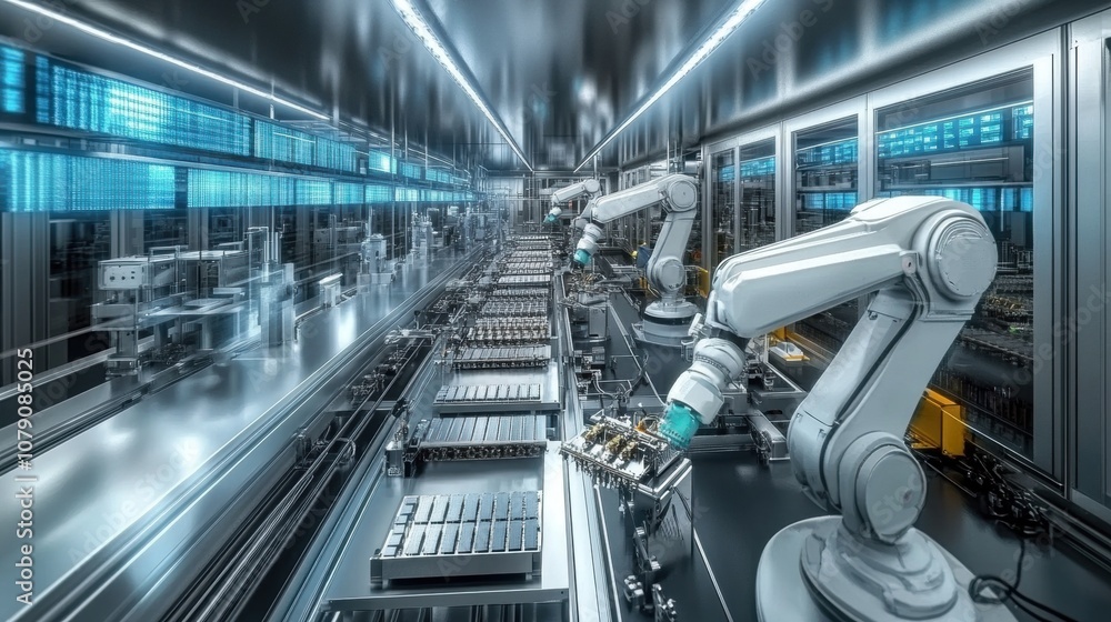 A robotic arm working in a factory full of automated equipment assembling microchips and producing advanced semiconductors in a high-tech manufacturing environment. A robotic arm working in a factory full of automated equipment assembling microchips and producing advanced semiconductors in a high-tech manufacturing environment.