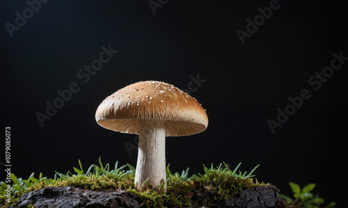 A single mushroom stands tall on a bed of moss against a dark background photo