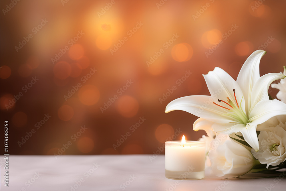 A close up of a elegant white lily petal on softly glowing candle background designed for memorial or sympathy cards, ample space for text A close up of a elegant white lily petal on softly glowing candle background designed for memorial or sympathy cards, ample space for text