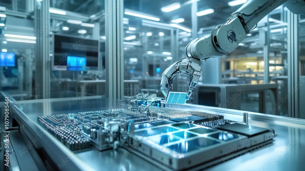 A robotic arm working in a factory full of automated equipment assembling microchips and producing advanced semiconductors in a high-tech manufacturing environment. A robotic arm working in a factory full of automated equipment assembling microchips and producing advanced semiconductors in a high-tech manufacturing environment.