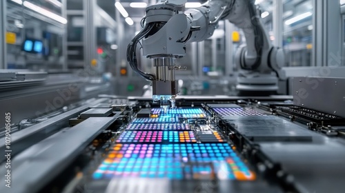 A robotic arm working in a factory full of automated equipment assembling microchips and producing advanced semiconductors in a high-tech manufacturing environment.