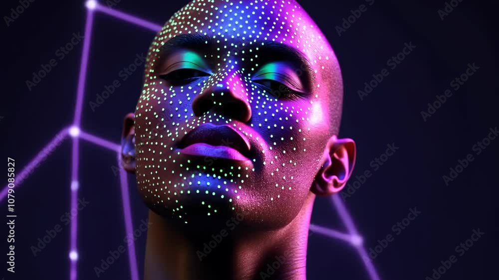 Bald Man with Neon Green Dots and Purple Skin in a Dark Setting with Geometric Lines Bald Man with Neon Green Dots and Purple Skin in a Dark Setting with Geometric Lines