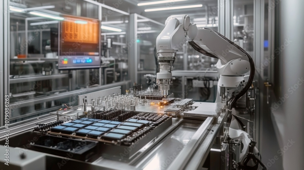 A robotic arm working in a factory full of automated equipment assembling microchips and producing advanced semiconductors in a high-tech manufacturing environment. A robotic arm working in a factory full of automated equipment assembling microchips and producing advanced semiconductors in a high-tech manufacturing environment.