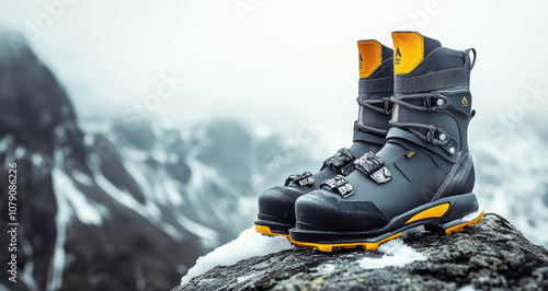 Modern ski boots standing on snowy rock, mountain landscape in the background photo