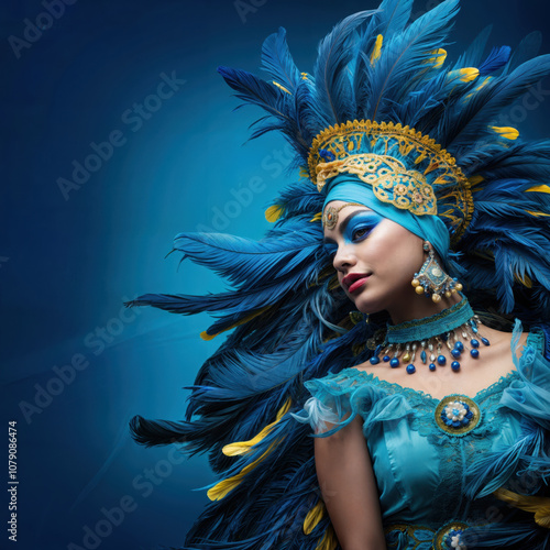 Brazilian samba dancer with blue feather costume posing in studio photo