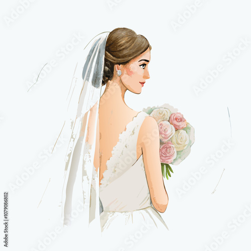 Watercolor bride illustration white gown and veil vector illustration (9)