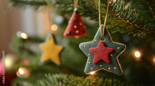 Felt Star Ornaments on a Christmas Tree