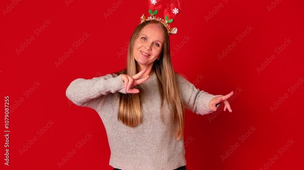 A cheerful woman is dancing on a red background, She has a headband with deer ears. Christmas atmosphere. space for copying. A cheerful woman is dancing on a red background, She has a headband with deer ears. Christmas atmosphere. space for copying.