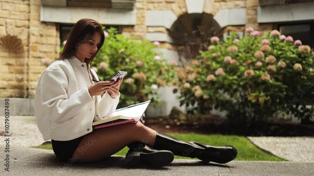 A charming girl, a student, sits with a phone in her hands and takes notes on a lecture, lesson, course in a notebook from the phone, online learning, education, learning, study, mobile, writing A charming girl, a student, sits with a phone in her hands and takes notes on a lecture, lesson, course in a notebook from the phone, online learning, education, learning, study, mobile, writing