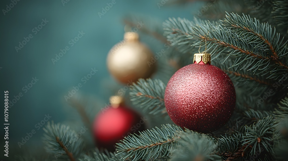Elegant Close-Up of Christmas Ornaments on a Pine Tree Branch, Featuring Red and Gold Baubles Against a Soft Green Background for Holiday Decor Inspiration Elegant Close-Up of Christmas Ornaments on a Pine Tree Branch, Featuring Red and Gold Baubles Against a Soft Green Background for Holiday Decor Inspiration