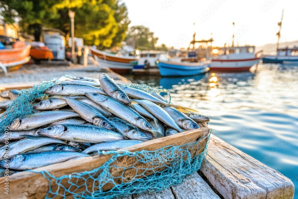 Fisherman with Sardines on Dock in Morning Light Fisherman with Sardines on Dock in Morning Light