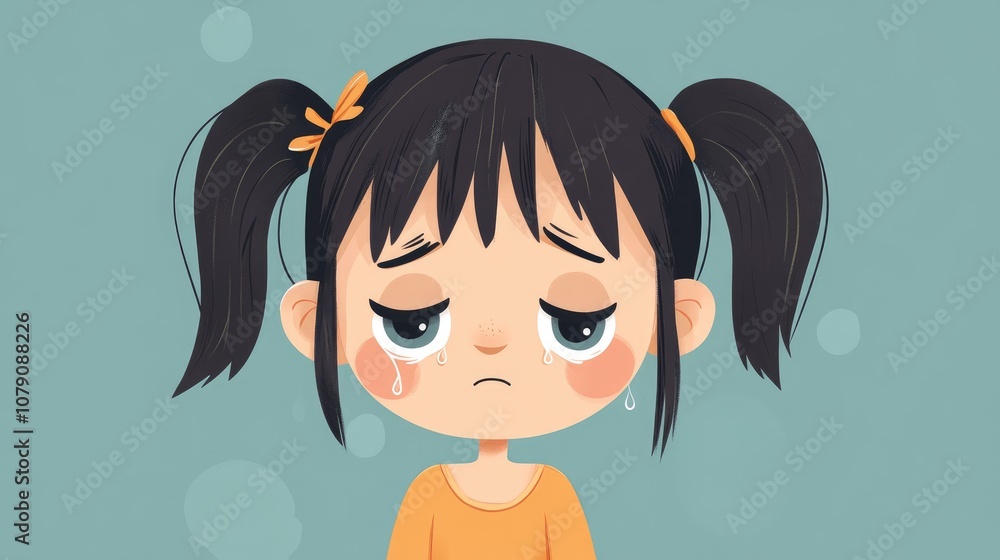 Cartoon girl in a flat color style expressing sadness through tears Cartoon girl in a flat color style expressing sadness through tears