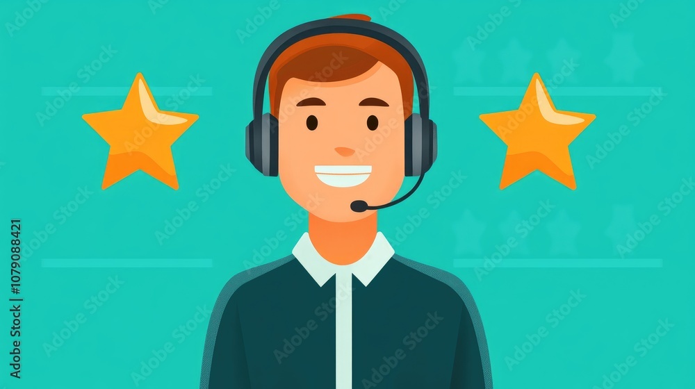 Customer support representative wearing a headset engages in conversation with a client providing a five star review Flat design illustration Customer support representative wearing a headset engages in conversation with a client providing a five star review Flat design illustration