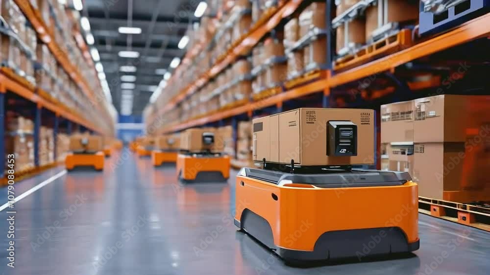 Automated guided vehicle (AGV) transporting a cardboard box in a ...