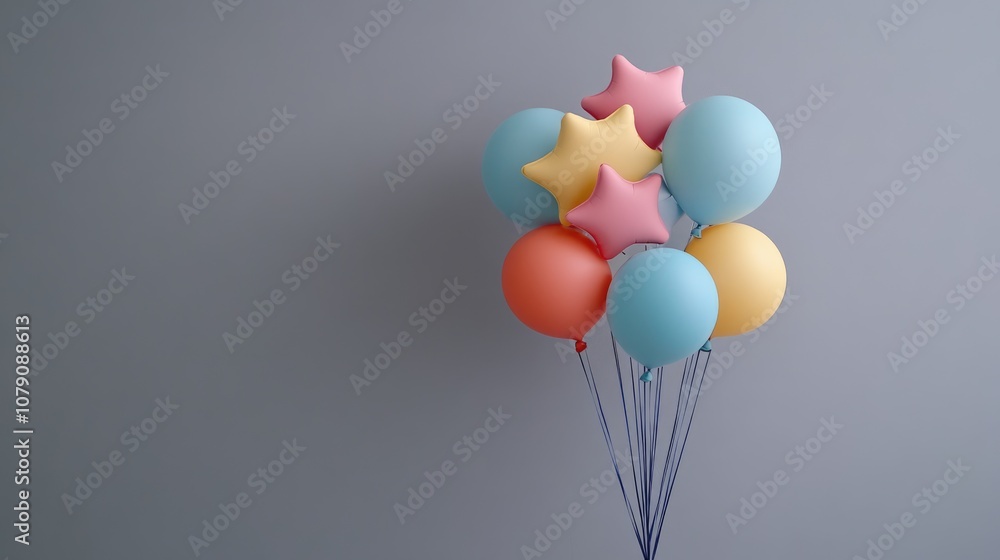Vibrant Balloon Cluster Featuring Stars on a Gray Background in a Sticker Design Vibrant Balloon Cluster Featuring Stars on a Gray Background in a Sticker Design