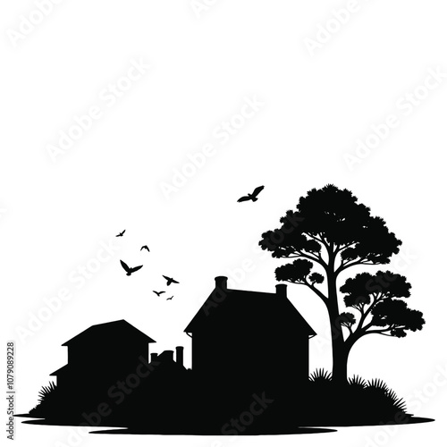 A silhouette of a classical building with layered rooftops, next to a tall tree with sprawling branches and leaves, with several birds flying nearby