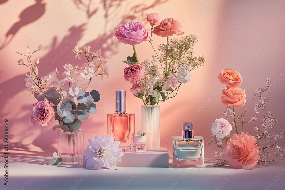 Elegant perfume bottle with floral accents, minimal Design in Soft Pastel Tones Elegant perfume bottle with floral accents, minimal Design in Soft Pastel Tones