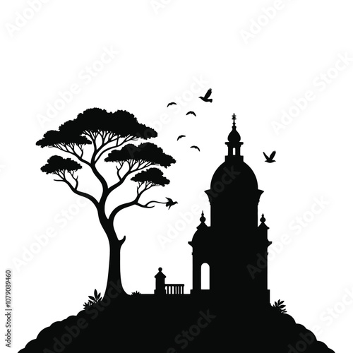 A silhouette of a classical building with layered rooftops, next to a tall tree with sprawling branches and leaves, with several birds flying nearby