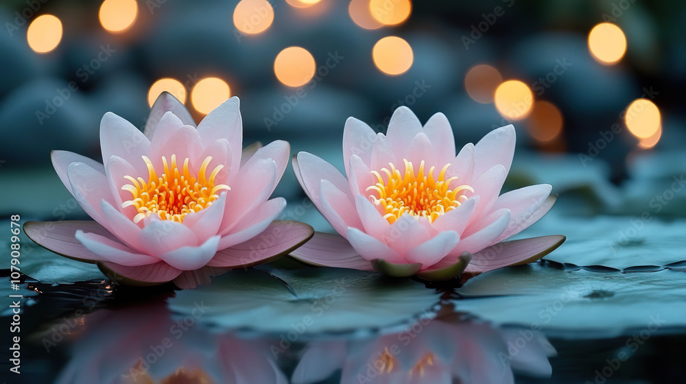 Two pink water lilies floating on water with blurred lights. AI-generated Two pink water lilies floating on water with blurred lights. AI-generated