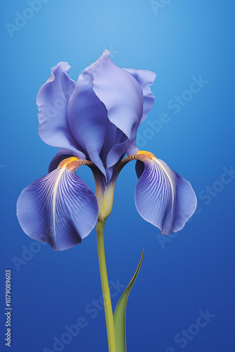 A macro close up photo of vector illustration of iris bloom isolated on blue background, professional lighting, ultra highly realistic, smooth light, PNG, ample space for text photo