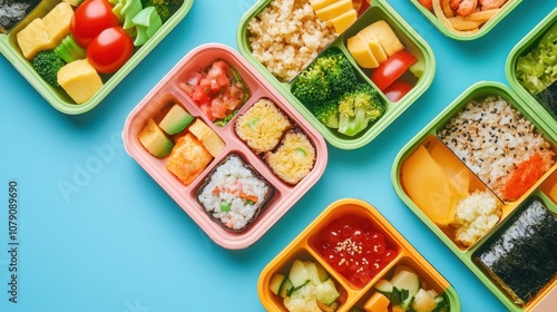 Wallpaper Mural Colorful and Delicious Asian Bento Boxes Featuring Fresh Ingredients, Sushi, Fruits, and Vegetables Arranged on a Blue Background for Culinary Inspiration Torontodigital.ca