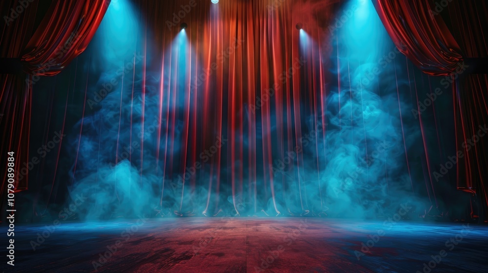 Obraz premium horizontal banner, world theater day, red open wings in the spotlight, old empty theater stage in smoke, mysterious and magical atmosphere, copy space, free space for text