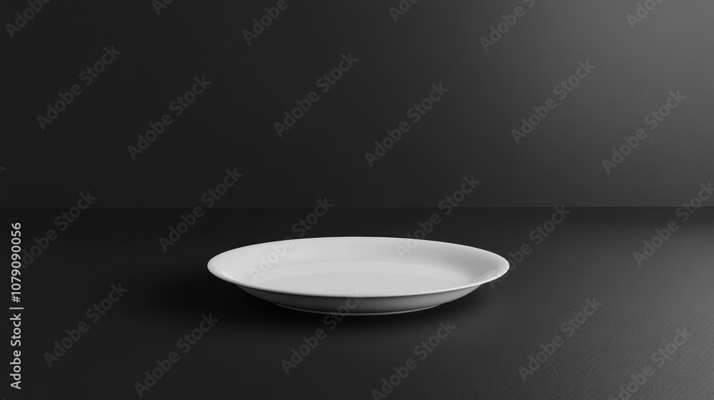 3D illustration of a white plate set against a black backdrop 3D illustration of a white plate set against a black backdrop