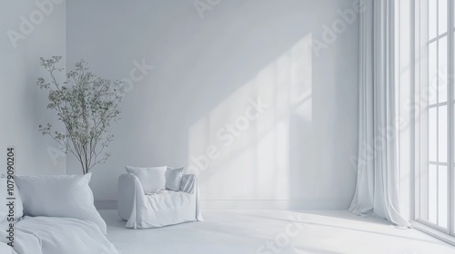 Minimalist white room featuring Scandinavian interior design in 3D illustration