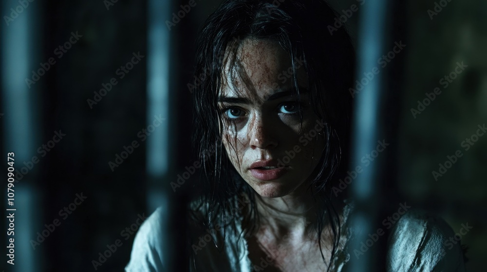 Captivating Portrait of a Young Woman in Distress Behind Bars in a Dark, Gloomy Setting with High Contrast Lighting and Emotional Expression Captivating Portrait of a Young Woman in Distress Behind Bars in a Dark, Gloomy Setting with High Contrast Lighting and Emotional Expression