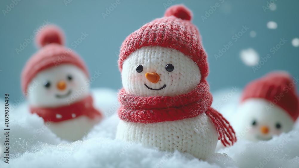 Handcrafted knitted snowmen on soft snow with a serene blue tone Handcrafted knitted snowmen on soft snow with a serene blue tone