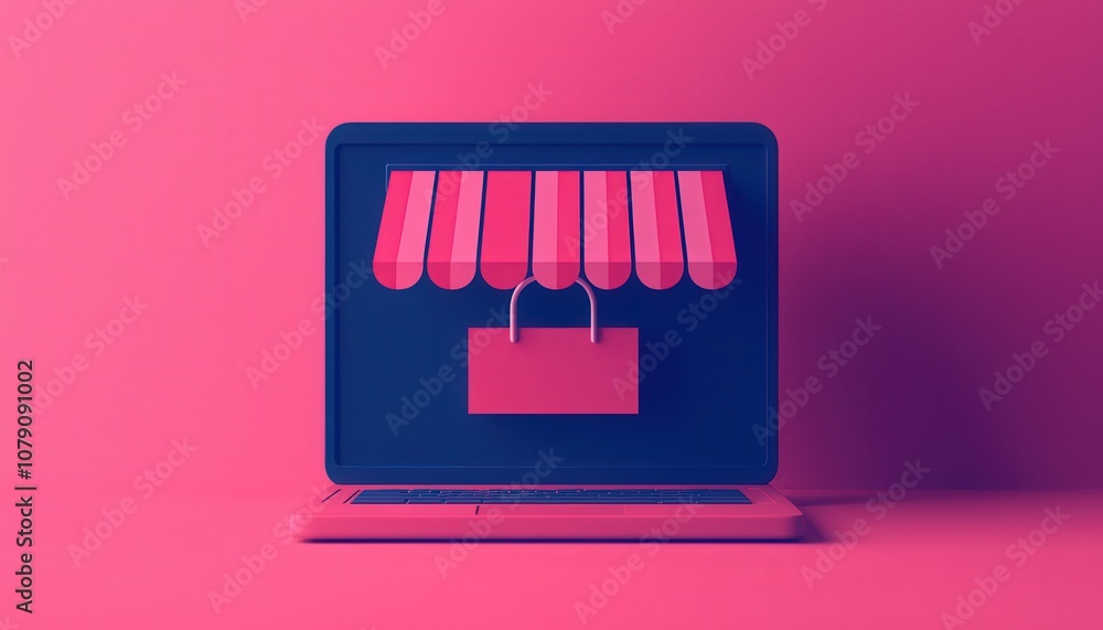 Digital Payments, Cashless Economy. A vibrant illustration of a laptop with a storefront awning, symbolizing online shopping and e-commerce. Digital Payments, Cashless Economy. A vibrant illustration of a laptop with a storefront awning, symbolizing online shopping and e-commerce.