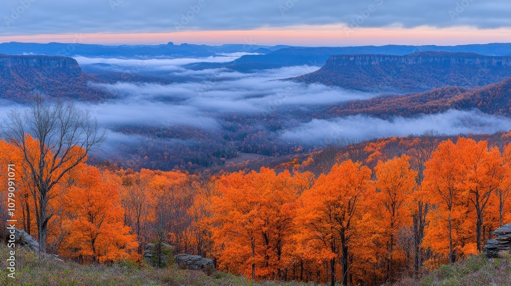 Panoramic view of a valley covered in fog with colorful autumn leaves.