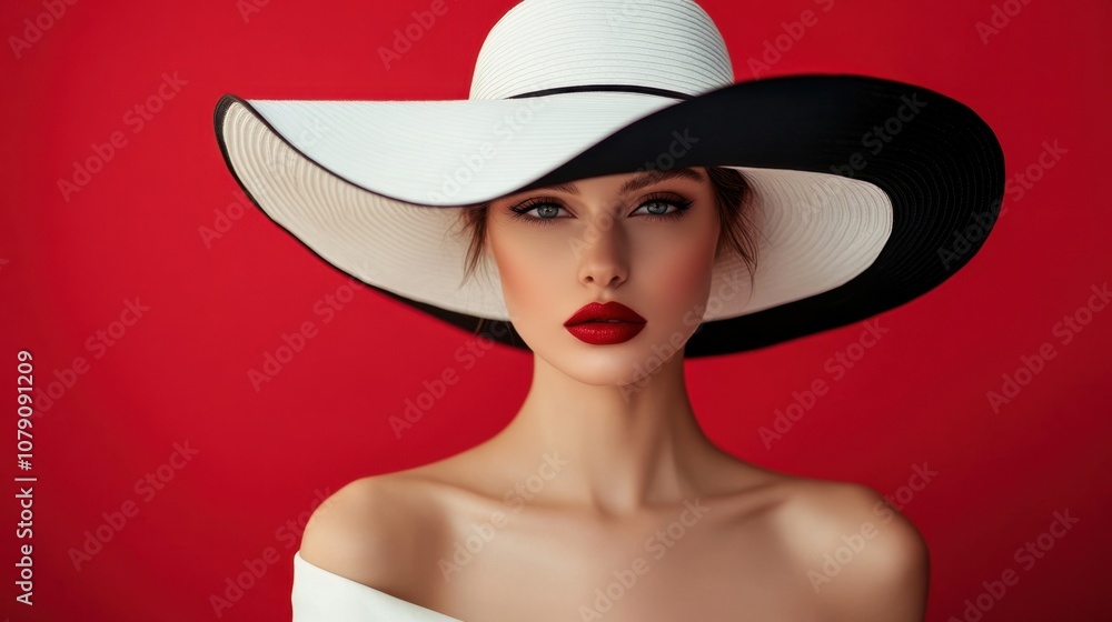 Elegant Woman with Bold Lip Color and Wide Brim Hat Posing Against Vibrant Red Background, Capturing Fashion and Beauty Aesthetics in Contemporary Style Elegant Woman with Bold Lip Color and Wide Brim Hat Posing Against Vibrant Red Background, Capturing Fashion and Beauty Aesthetics in Contemporary Style