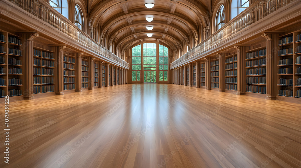 Historical library with wooden shelves and ornate design Historical library with wooden shelves and ornate design