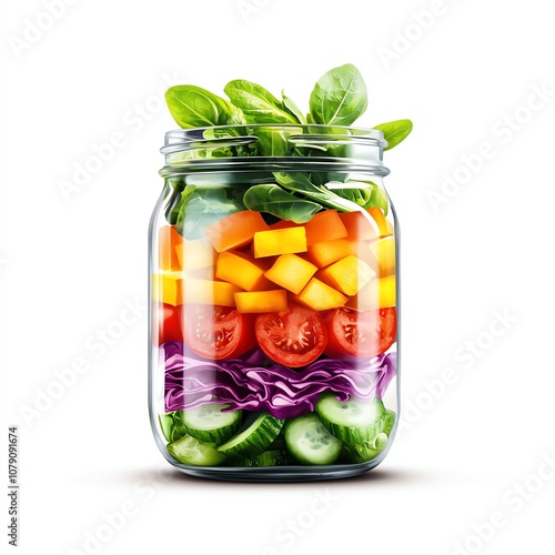 Colorful jar salad filled with fresh vegetables and fruits, showcasing layers of greens, tomatoes, cucumbers, and mangoes on a white isolated background. on a white background photo