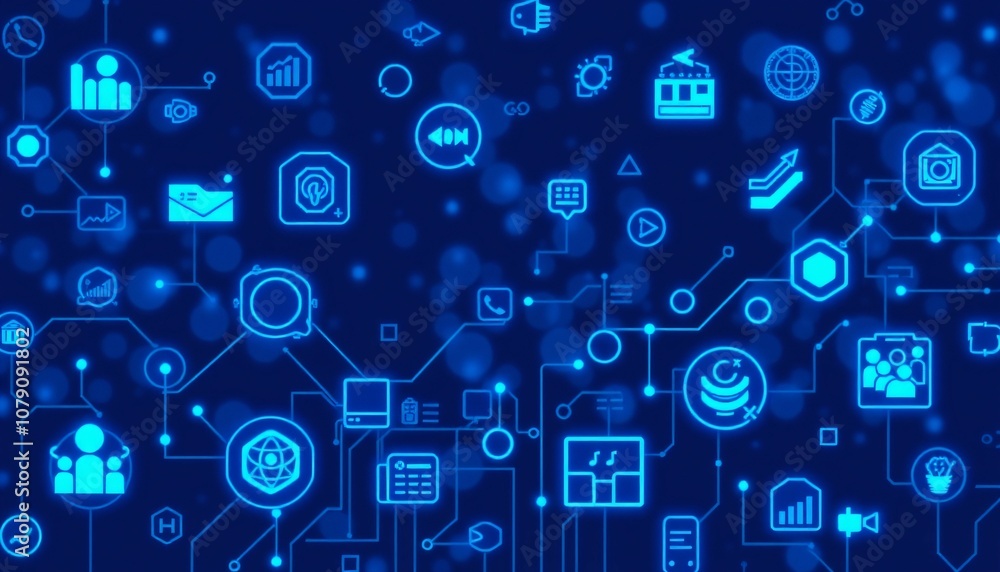 Digital Network Icons on a Blue Background Generative, AI Digital Network Icons on a Blue Background Generative, AI