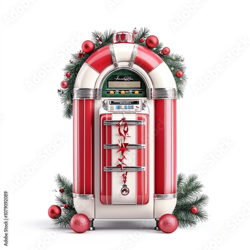 A vintage jukebox decorated with festive holiday ornaments and greenery, perfect for adding a nostalgic touch to Christmas celebrations. on a white background