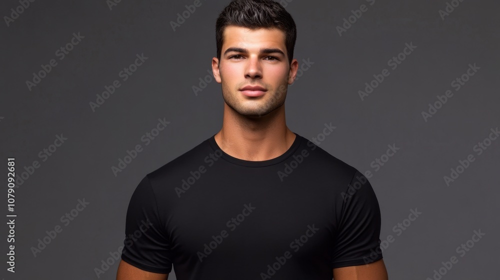 Fototapeta premium Confident young man in a plain black t-shirt against a dark background, showcasing a casual yet stylish look, perfect for fashion and lifestyle themes in photography.