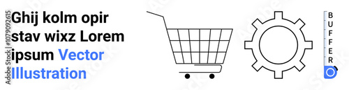 Shopping cart, gear icon, and vertical buffer text indicator. Ideal for e-commerce, shopping, settings, configuration, online services, user interface, website design. Banner for landing page