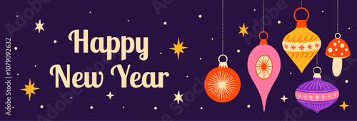 Happy New Year vector horizontal banner design. Winter seasonal cartoon groovy funky illustration. Christmas hanging decoration baubles, xmas toys elements