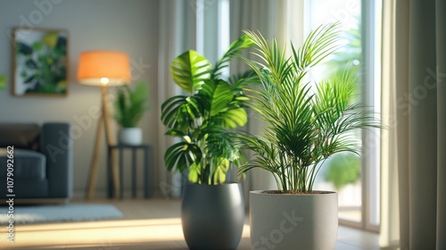 Modern interior design featuring potted plants in a stylish room 3D visualization