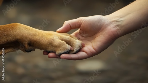 Human hand gently touching a dog paw, illustrating the bond friendship