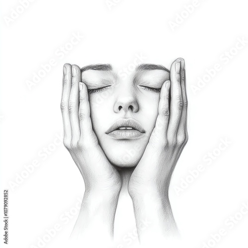 A serene portrait of a woman with closed eyes gently holding her face, conveying a sense of peace and introspection against a white background. on a white background photo